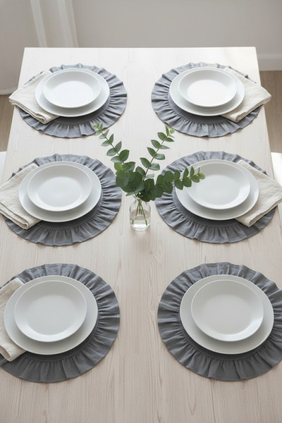 YUNUSOĞLU HOME Gray Cotton Ruffled Placemats Set of 6 American Style 33 cm Diameter Placemats Set of 6