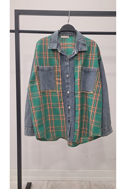 Hatun Atila Denim Detailed Plaid Shirt 8619 - Green