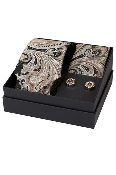 Esgue مجموعة هدايا مناديل وأزرار أكمام مصنوعة يدويًا مقاس 8 سم باللون البيج والأسود HSET:110