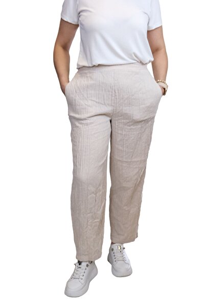 Blues Outlet Women's Elastic Waist Broad Leg Gofre Brand Pants-Cream