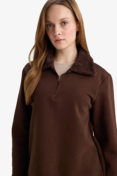DeFacto G3853AXBN341 Καφέ φούτερ με φερμουάρ και γιακά με μαλακό χνουδωτό εσωτερικό, χοντρό φούτερ τουνίκ