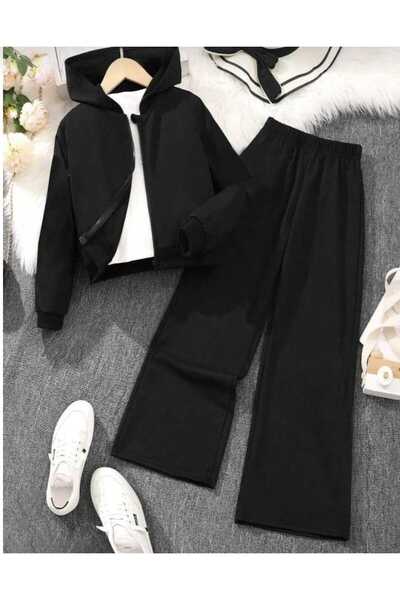 buendiakids Unisex Çocuk Siyah 3 İplikk Kapüşonlu Fermuarlı Sweatshirt-Bol Eş...