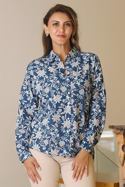 Nazen Giyim Flower Patterned Long Sleeve Lacquer Women's Shirt 4119-2Y5