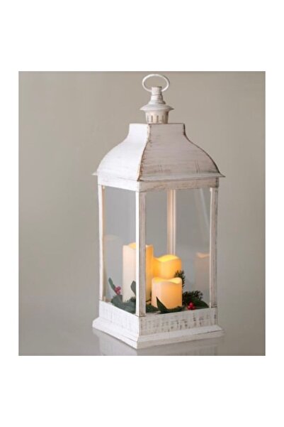 OEM Felinar decorativ de Crăciun, alb, auriu periat, cu lumânări LED, 24x24x61 cm