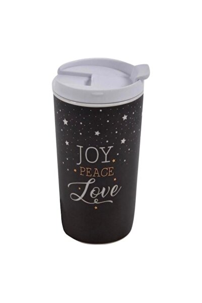 OEM Christmas New Bone Double-Walled Glass, Grey with Gold Foil "Joy Peace Love" & Lid, 355ml