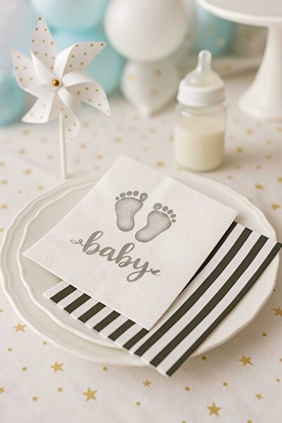 CKM silikon Suna K Signature Collection – Premium 2 Pieces Gray Baby - Black and White Striped Patterned Napkin