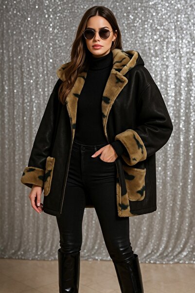 LaraLisa Дамско късо палто с плюшен камуфлажен мотив отвътре и нубук отвън
