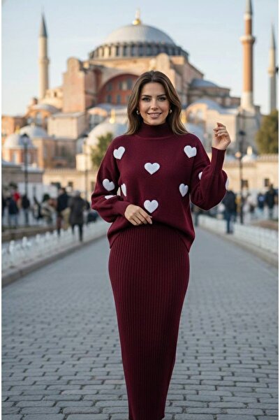 YusGos Kadın Kalp Desenli Kazaklı Elbise