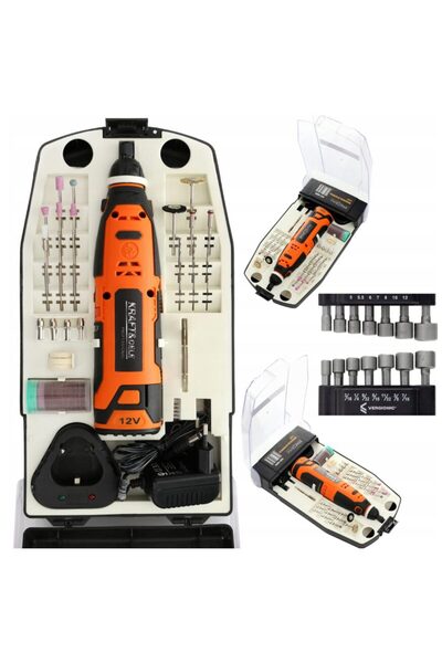 Kraft Minipolizor, freza cu acumulator 12V, 25000 rpm, 55 piese, Kraf