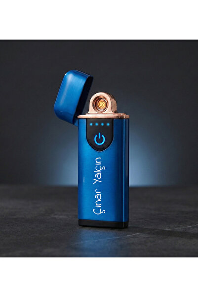 vegahediye v vega Kişiye Özel USB Şarjlı Dokunmatik Alevsiz Çakmak - Mavi