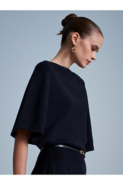 Dilvin 90266 Wool Blend Boat Neck Belted Knit Dress-Black