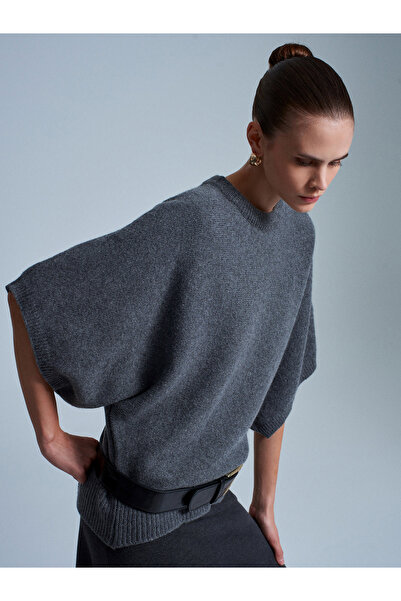 Dilvin 10843 Wool Blend Batwing Sleeve Knitwear Sweater-Smoked