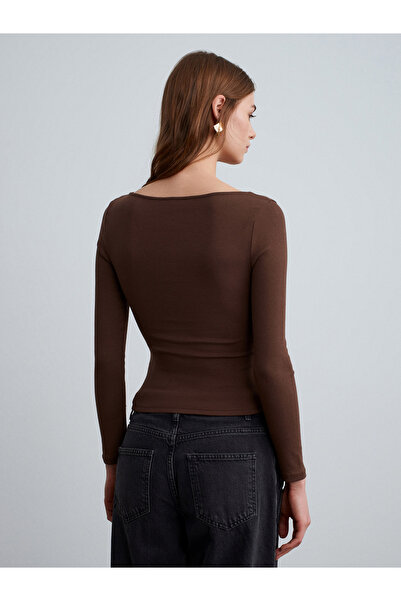 Dilvin 31401 Gathered Boat Neck Top - Light Brown