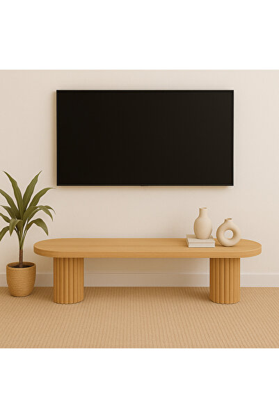 Trihome Modern Kayın Ağacı Oval Flüt Ayaklı TV Ünitesi – Tamamı Masif Ahşap M...