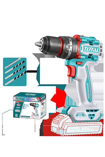 TOTAL Masina de gaurit cu percutie TOTAL, 20V, 55 Nm motor fara perii (nu inc...