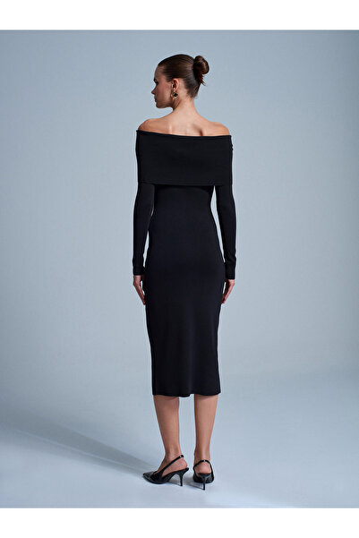 Dilvin 90261 Off-The-Shoulder Bow Detail Knit Dress-Black