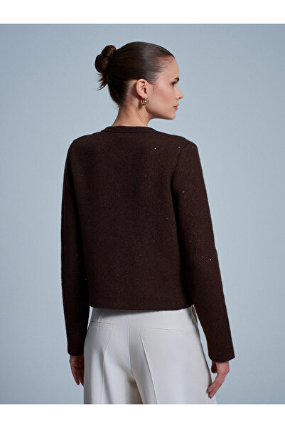 Dilvin 60935 Pocket Detailed Glitter Knitwear Cardigan-Brown