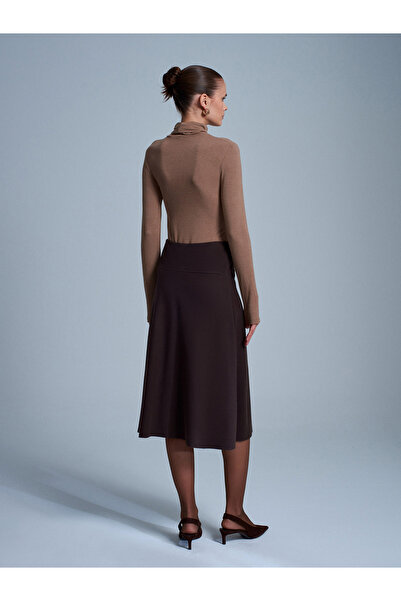 Dilvin 80390 Elastic Waist Knitted Midi Skirt-Dark Brown