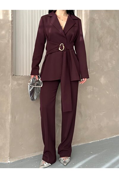 Moda İkra Blazer Jacket Wide Leg Pants Set with a Wide Fabric Belt Tied at the Waist