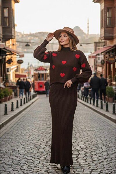 YusGos Women's Heart Patterned Sweater Dress