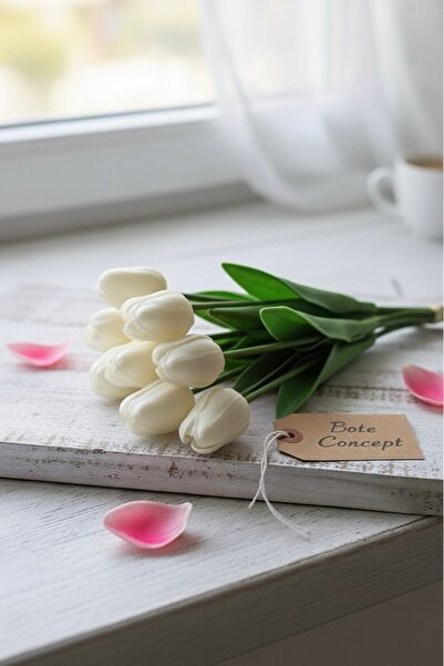 BOTE CONCEPT 3-Piece Realistic Looking White Artificial Tulip – Decorative Flower Bouquet