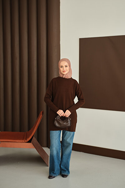 LOCCO Γυναικείο πλεκτό τούνικ με αυτοσχεδιασμό καφέ