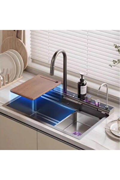 MODALITE LTD Chiuvetă de bucătărie inteligentă din oțel inoxidabil, grafit negru, cu baterie în cascadă și afișaj digital pentru temperatură, 750×4