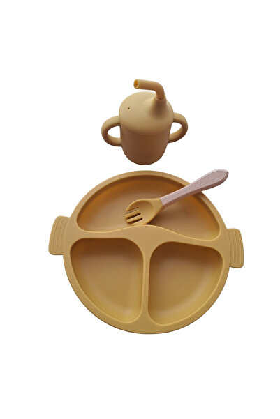 NO BRAND Food-grade silicone baby set, 3 pieces - plate, fork and cup with straw - Mustard yellow