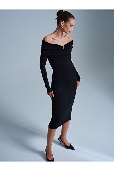 Dilvin 90261 Off-The-Shoulder Bow Detail Knit Dress-Black