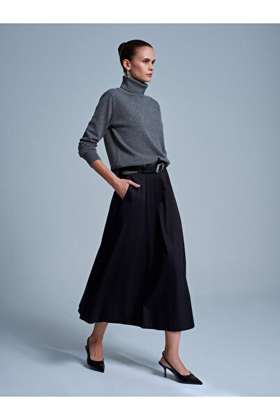 Dilvin 81070 100% Cotton Elastic Waist Midi Skirt-Black