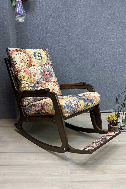 Reyo Kontes Ceviz Çiçek Desenli Dolgu Minderli Sallanan Sandalye Dinlenme Kol...