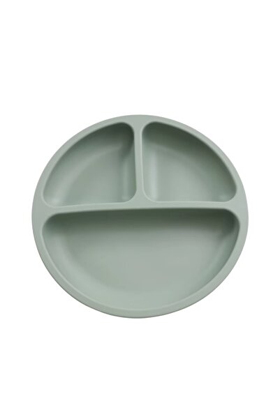 NO BRAND Food-grade silicone baby set, 3 pieces - plate, fork and cup with straw - Olive green