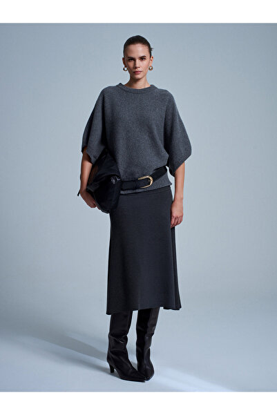 Dilvin 80390 Elastic Waist Knitted Midi Skirt - Anthracite M