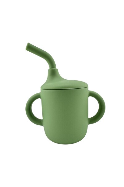 NO BRAND Food-grade silicone baby set, 3 pieces - plate, fork and cup with straw - Green