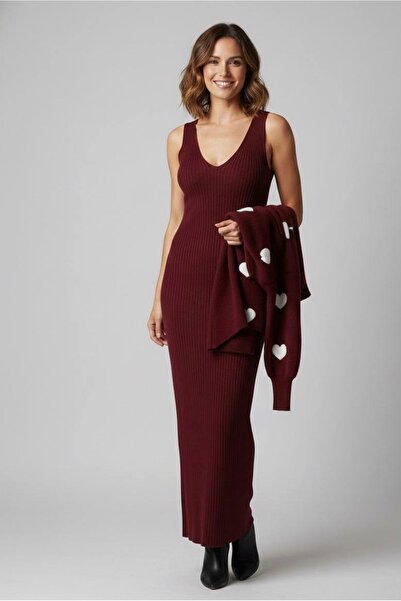 YusGos Kadın Kalp Desenli Kazaklı Elbise