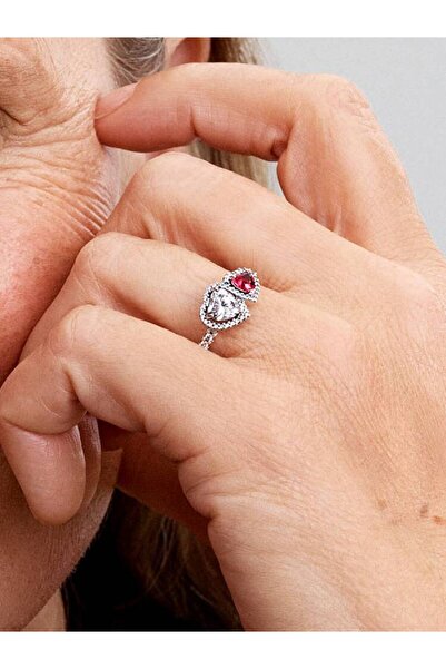 Pandora Ring with two hearts Halo Pave Zirconium in 925 Silver - 54
