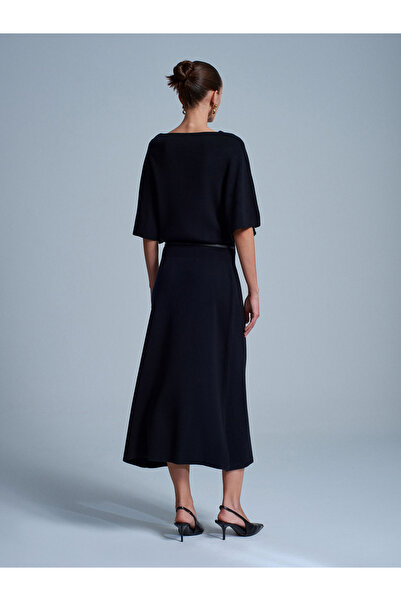 Dilvin 90266 Wool Blend Boat Neck Belted Knit Dress-Black