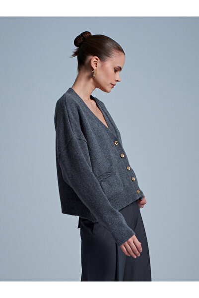 Dilvin 60999 Wool Blend Pocket Detailed Knitwear Cardigan-Smoked