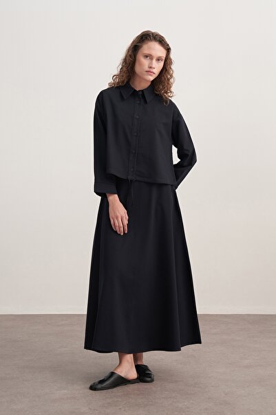 EBU Prive Women's Gabardine Shirt and Flared Skirt Set Navy Blue