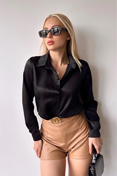 loia Kadın Saten Dokulu Uzun Kollu Şık Düğmeli Gömlek LOİ25-BGD21