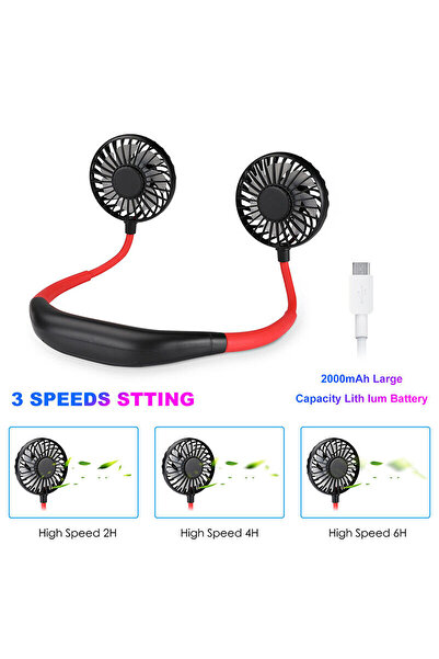 KADRAMA Portable Hanging Neck Fan, Dual Cooling, USB Rechargeable 2000mAh, LED & Aromatherapy (Black+Red)