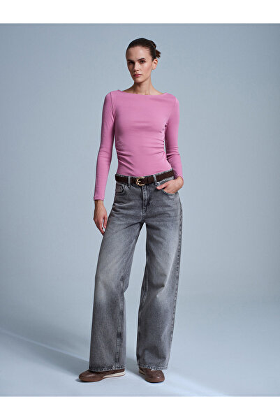 Dilvin 31401 Gathered Boat Neck Top-Gül