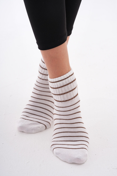 The huez 3-Piece Line Patterned Cotton Women's Socks, Breathable, Anti-Sweat Soft Booties Socks (Cream)