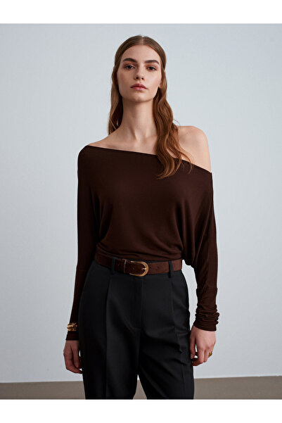Dilvin 32312 Wool Blend One Shoulder Top-Dark Brown