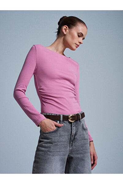 Dilvin 31401 Gathered Boat Neck Top-Gül