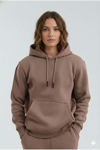 OXVİN Φούτερ με κουκούλα καφέ Kangaroo (με βαμβακερή επένδυση)