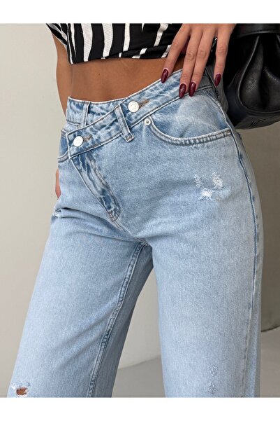 HerTon Açık Mavi Yırtık Detaylı Yüksek Bel Wide Leg Jean