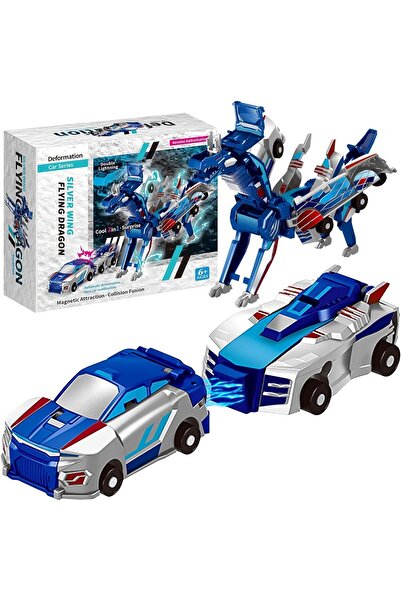 dalip Jucărie transformabilă 2 în 1 - Mașină/Dragon Zburător cu Aripă Argintie, Magnetică, Albastră, 6+