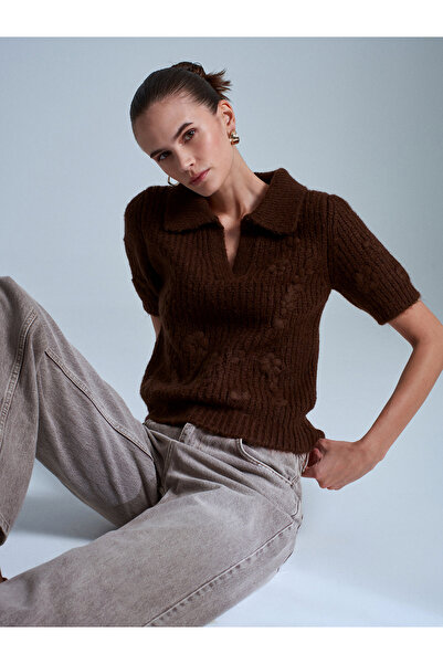 Dilvin 10829 Pulover cu mânecă scurtă brodat - maro