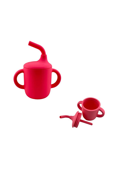 NO BRAND Food-grade silicone baby set, 3 pieces - plate, fork and cup with straw - Pink,